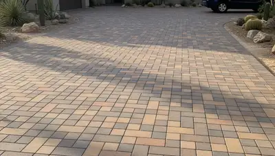 Interlocking paver driveway installation with earth-tone design by Chop Chop Landscaping in Tucson, AZ
