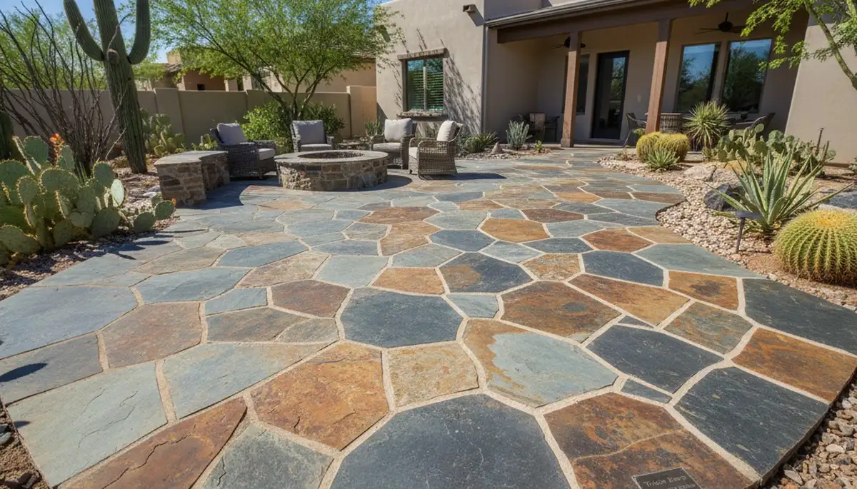 Modern large stone slab patio installation by Chop Chop Landscaping in Tucson, AZ