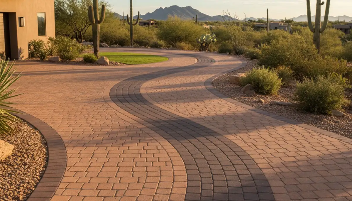 Curved paver driveway design by professional landscapers in Tucson, AZ showcasing expert craftsmanship