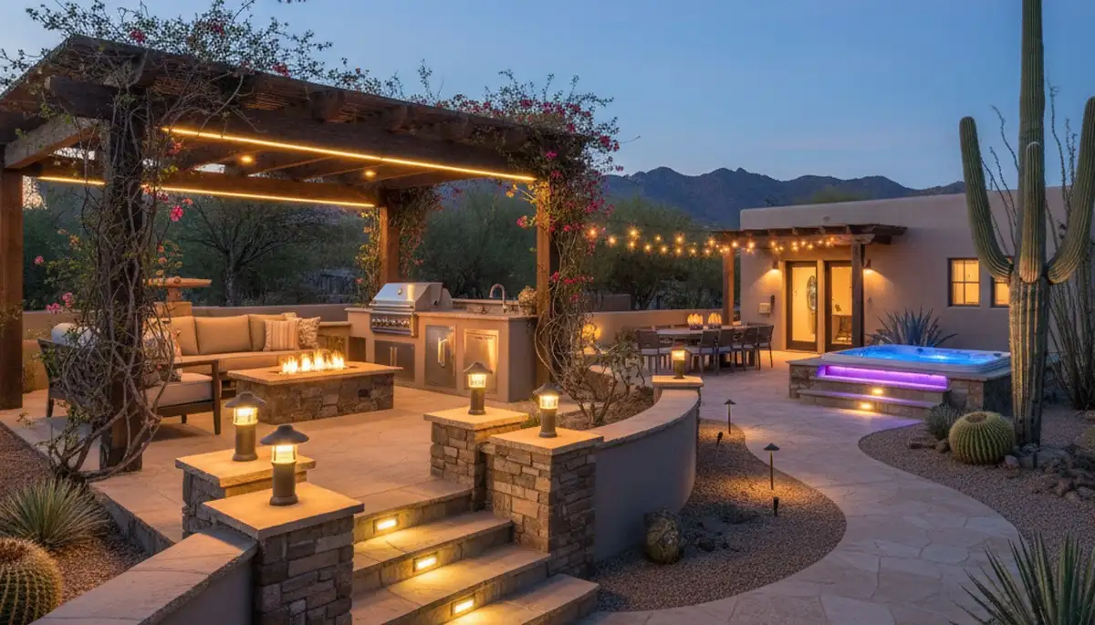 Deck and patio landscape lighting with post cap and step lights in Tucson, AZ evening outdoor space