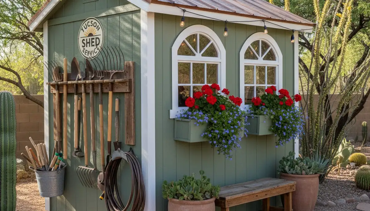 Decorative garden shed with desert landscaping in Tucson, AZ by Chop Chop Landscaping