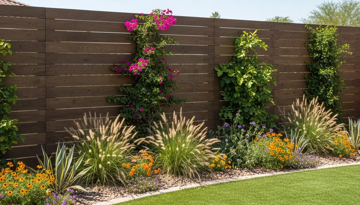 Modern fence with lush garden landscape design in Tucson, AZ by Chop Chop Landscaping