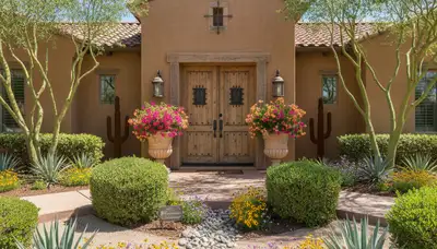 Front yard landscape with colorful plants and shaped shrubs enhancing curb appeal in Tucson, AZ