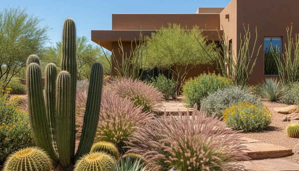 Tucson AZ desertscape with native cacti, succulents, and grasses in water-efficient landscape design