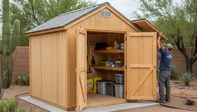 New backyard shed installation with durable foundation by landscaping pros in Tucson, AZ