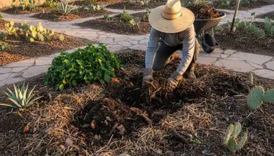 Applying organic compost to landscaping beds for healthy soil in Tucson, AZ by Chop Chop Landscaping