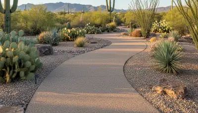 Pea gravel garden pathway in Tucson AZ showcasing professional xeriscape design and desert landscaping craftsmanship
