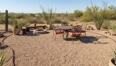 Pea gravel patio installation in Tucson AZ with smooth edging and outdoor furniture by Chop Chop Landscaping