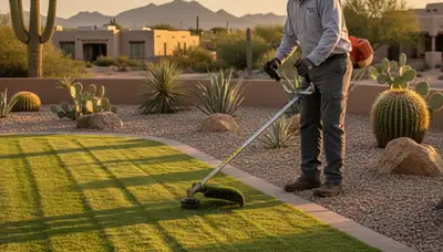 Technician edging lawn borders with trimmer, precision lawn maintenance in Tucson, AZ