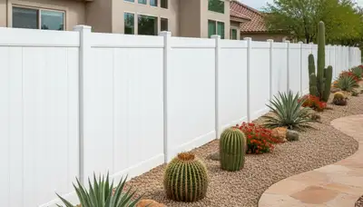 White wooden privacy fence installation by Chop Chop Landscaping in Tucson, AZ residential yard