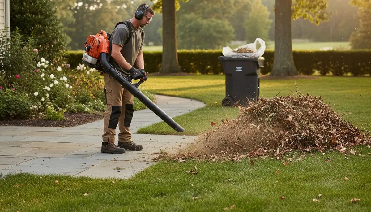 Landscaper using leaf blower for lawn and debris cleanup in Tucson, AZ during final maintenance phase