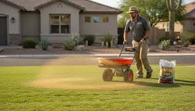 Lawn care technician applying fertilizer with spreader on Tucson AZ residential lawn for healthy green turf