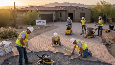 Crew installing driveway pavers with precision tools in Tucson, AZ for Chop Chop Landscaping