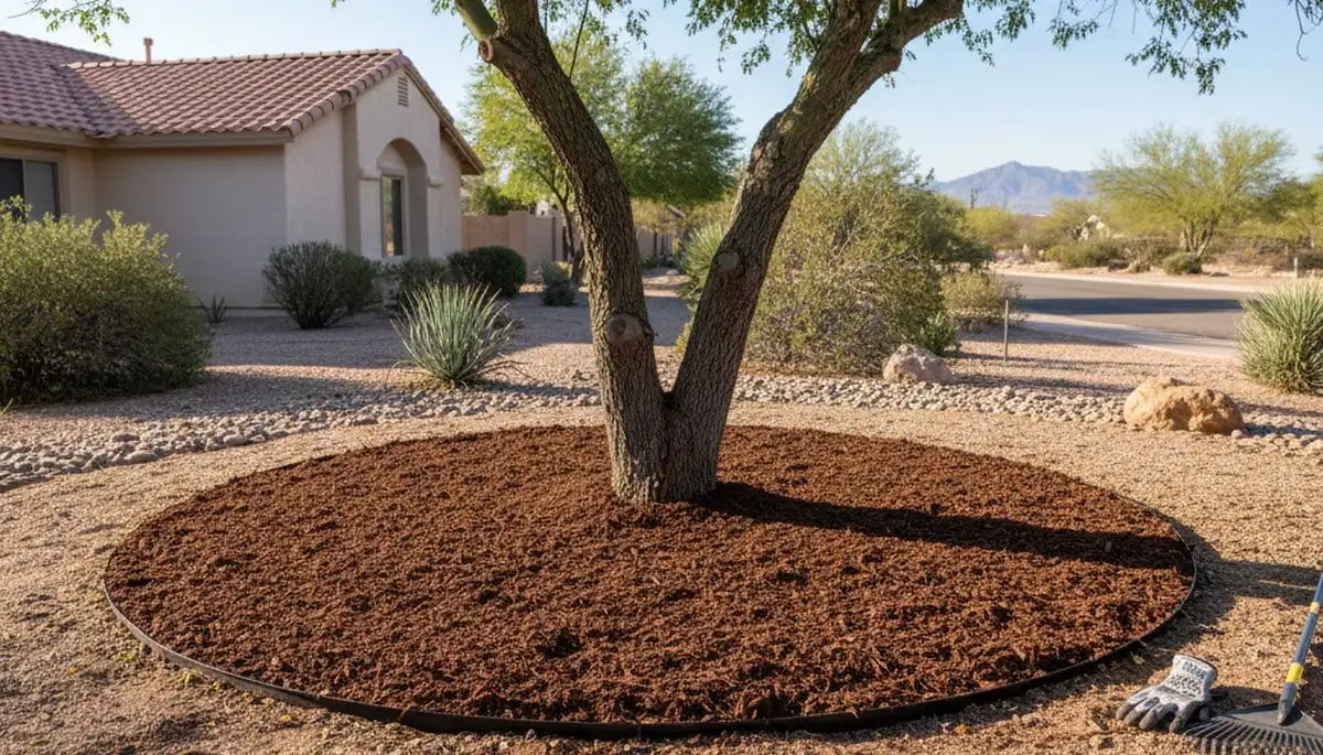 Professional circular tree ring mulching around tree base by landscapers in Tucson, AZ