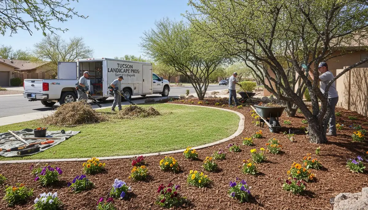 Workers performing spring yard clean up and pruning at a Tucson, AZ property for Chop Chop Landscaping