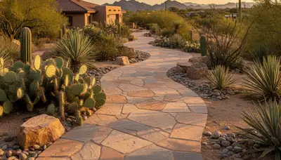 Professionally installed stone paver pathway in Tucson, AZ desert landscape by Chop Chop Landscaping