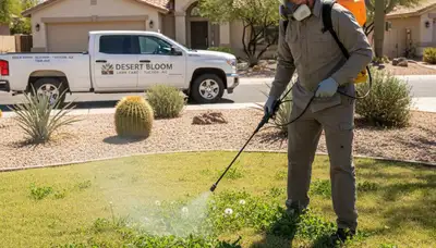 Technician applying targeted weed control on Tucson AZ lawn with professional spraying equipment